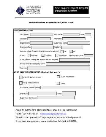 NEBH Network Password Request Form - CareGroup Portal