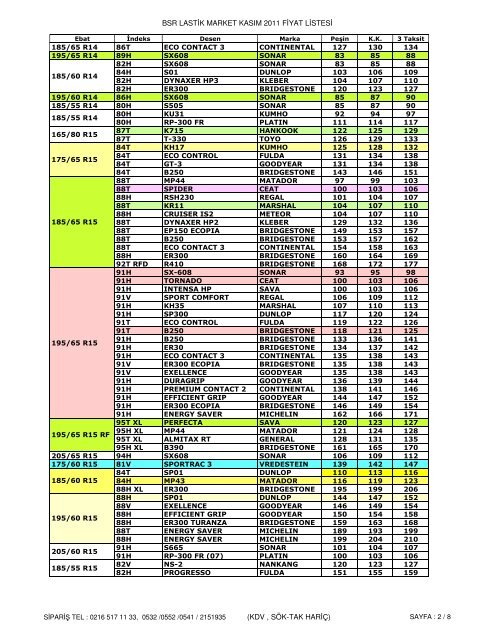 BSR Fiyat Listesi -KASIM2011 - Basaran Lastik