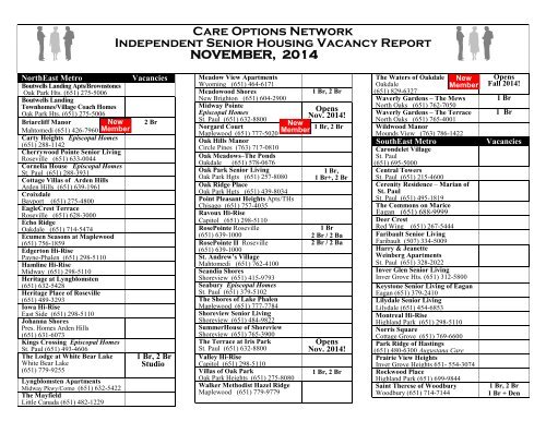 Care Options Network Independent Senior Housing Vacancy Report ...