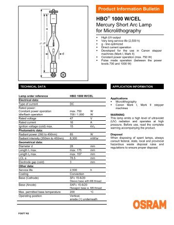 HBO 1000 W/CEL Mercury Short Arc Lamp for ... - Osram Sylvania