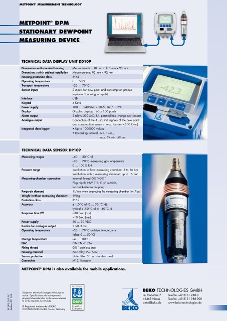 metpoint Â® dpm: dewpointmeter dp 109 [pdf 199 kb] - BEKO ...