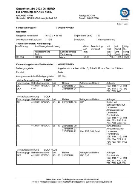 Gutachten 366-0423-06-MURD zur Erteilung der ABE 46597