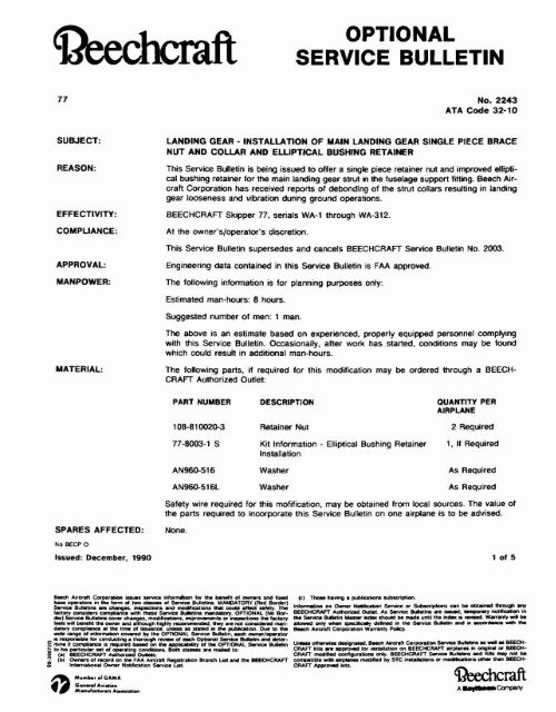 OPTIONAL SERVICE BULLETIN Beech Aero Club