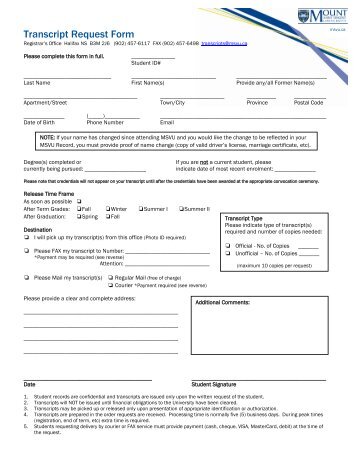 Transcript Request Form - Mount Saint Vincent University