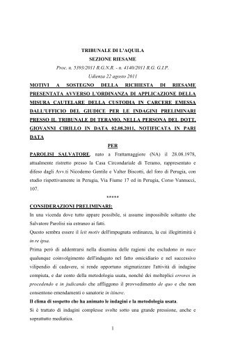 1 TRIBUNALE DI L'AQUILA SEZIONE RIESAME Proc. n. 5393/2011 ...