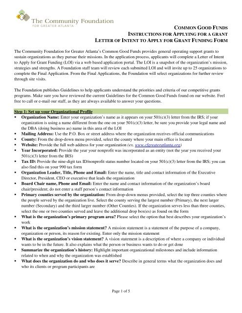 My Intent Instructions.pdf Letter of Intent Instructions - The Community Foundation for Greater ...