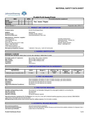 MATERIAL SAFETY DATA SHEET PLAZA PLUS Sealer/Finish