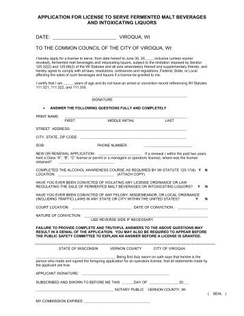 LIQUOR LICENSE APPLICATION - Viroqua, Wisconsin