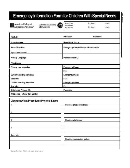 Emergency Information Form for Children With Special Needs