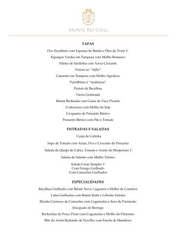 Menu do Monte Rei Grill - Monte Rei Golf & Country Club