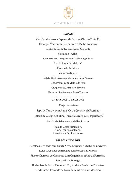 Menu do Monte Rei Grill - Monte Rei Golf & Country Club