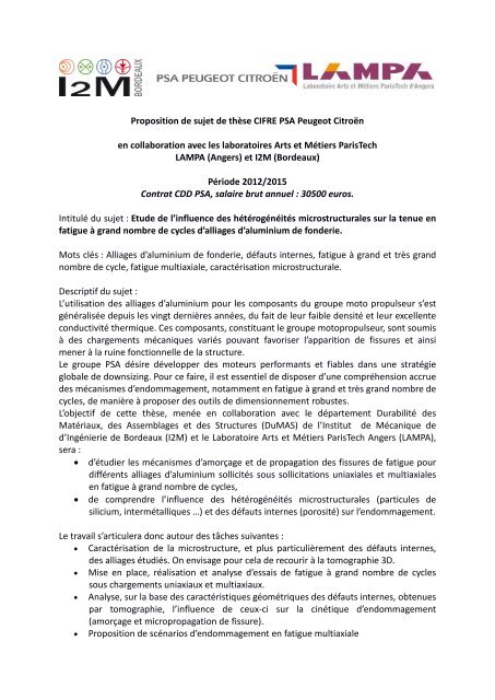Proposition de sujet de thÃ¨se CIFRE PSA Peugeot CitroÃ«n ... - ANRT