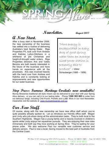 Newsletter. A New Start. Our New Staff - Spring Alive