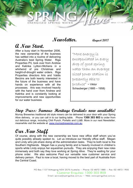 Newsletter. A New Start. Our New Staff - Spring Alive