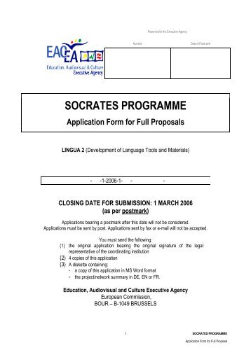 SOCRATES PROGRAMME Application Form for Full Proposals