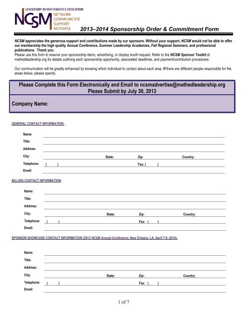 NCSM Sponsor Commitment Form