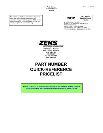 PART NUMBER PRICELIST QUICK-REFERENCE