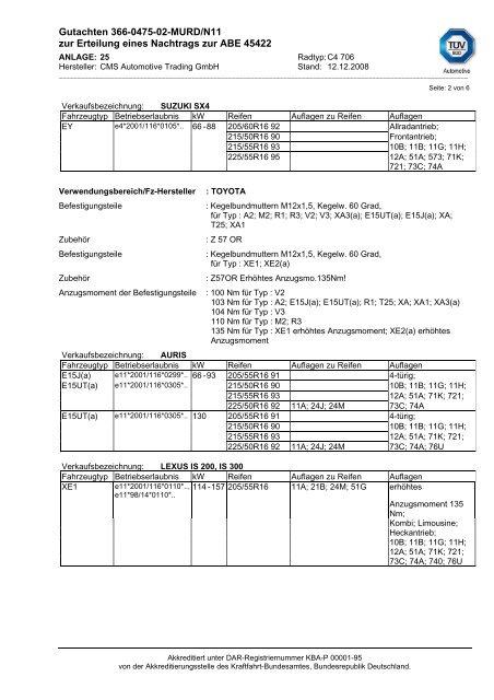 Gutachten 366-0475-02-MURD/N11 zur Erteilung ... - autokola.cz