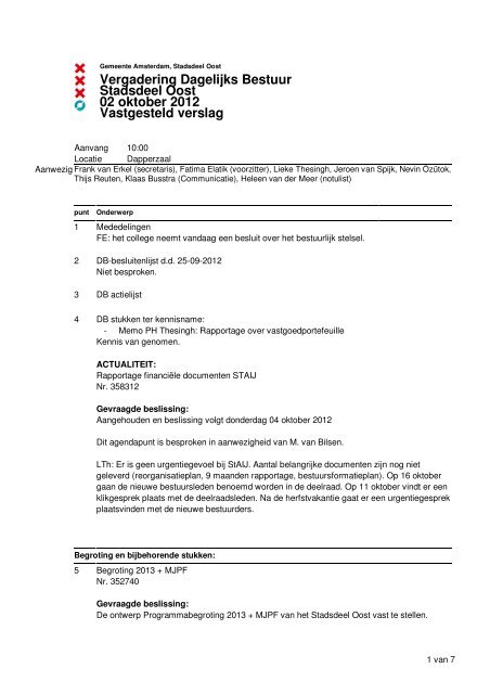 DB-verslag 2 oktober 2012 - Stadsdeel Oost - Gemeente Amsterdam