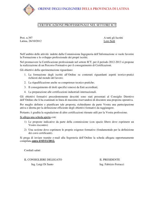 Certificazione professionale nel Settore ICT - Ordine degli Ingegneri ...