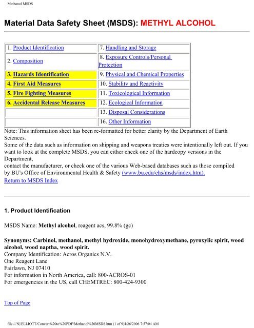 Methanol Msds Department Of Chemical Engineering