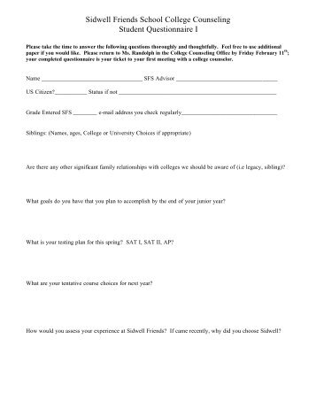 Junior Student Questionnaire - Sidwell Friends School