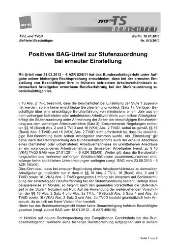 Positives BAG-Urteil zur Stufenzuordnung bei erneuter ... - Personalrat