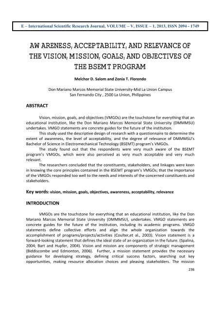 awareness, acceptability, and relevance of the vision, mission, goals ...