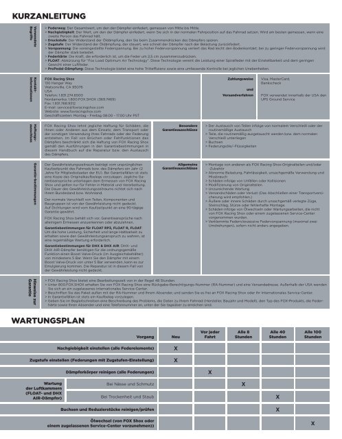 WARTUNGSPLAN KURZANLEITUNG - Fox Racing Shox