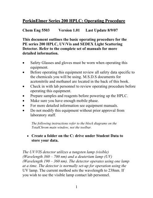 PerkinElmer Series 200 HPLC: Operating Procedure