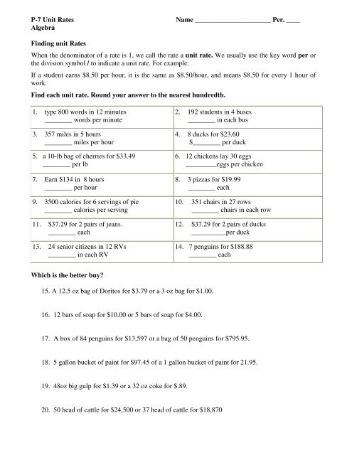 Find Unit Rates Worksheets [PDF] (7.RP.A.1): 7th Grade Math