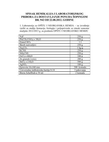 spisak hemikalija i laboratorijskog pribora za dostavljanje ponuda ...