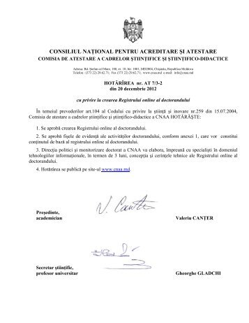 Hotărârea cu privire la crearea Registrului online al doctorandului