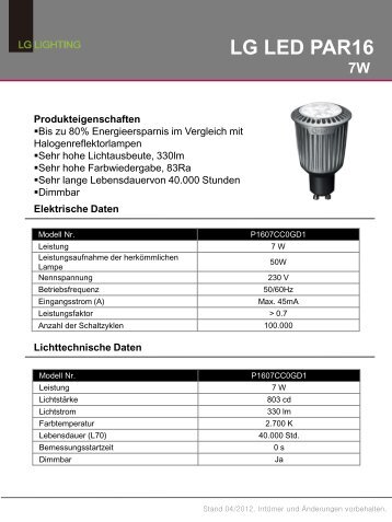 LG P1607CC0GD1 Datenblatt - LED Beleuchtung