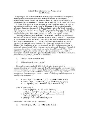 Motion Deixis, Indexicality, and Presupposition David Y. Oshima ...