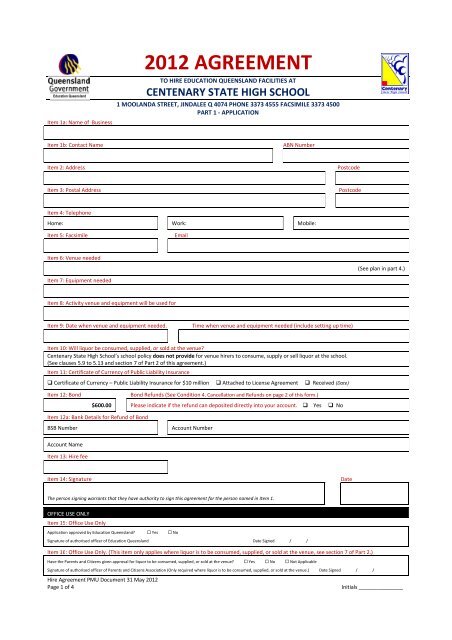 Standard Hire Agreement Form 2012 - Centenary State High School ...