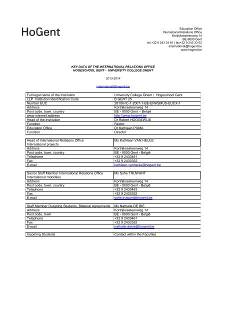 SOCRATES KEY DATA - University College Ghent - Hogeschool Gent