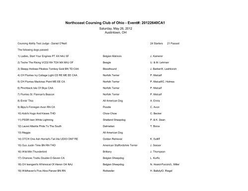 Northcoast Coursing Club of Ohio - Event#: 20122640CA1