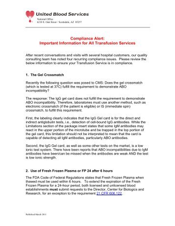 Compliance Alert, March 2011 - United Blood Services for Hospitals ...