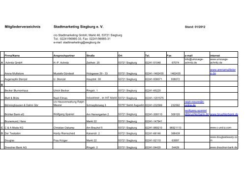 Mitgliederverzeichnis der Stadtmarketing Siegburg e.V.