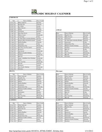 GMDC HOLIDAY CALENDER