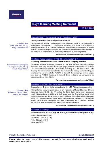 Tokyo Morning Meeting Comment - Mizuho Securities USA