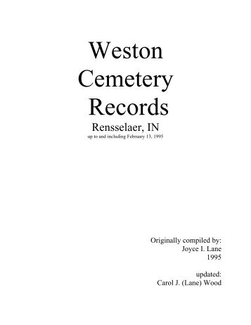 Weston Cemetery Records - Jasper County, Indiana