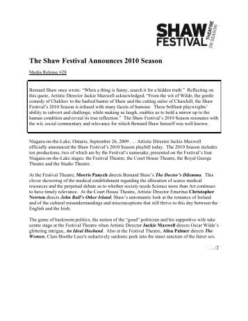 The Shaw Festival Announces 2010 Season - Shaw Festival Theatre