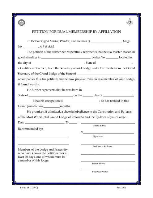 Petition for Dual Membership - Grand Lodge of Colorado