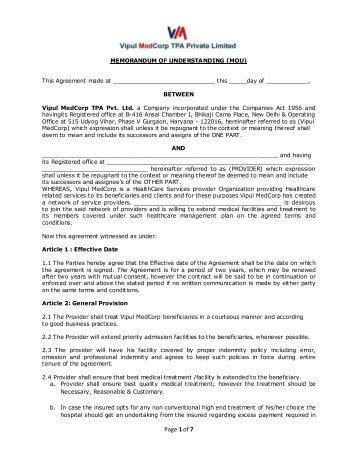 Hospital MOU - Vipul MedCorp TPA Pvt. Ltd