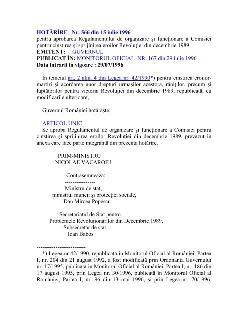 Hota Razre Nr 566 Din 15 Iulie 1996 Secretariatul De Stat Pentru