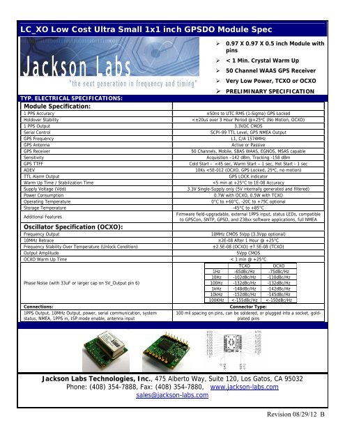 Specsheet - Jackson Labs Technologies, Inc.