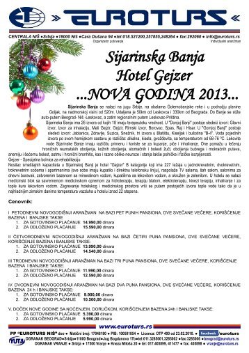 Sijarinska Banja Hotel Gejzer ...NOVA GODINA 2013... - Euroturs