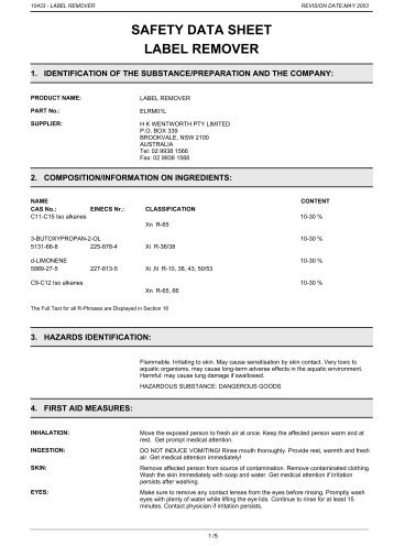 SAFETY DATA SHEET LABEL REMOVER - WES Components